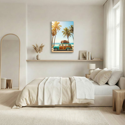 «Vintage Woodie Station Wagon Tropical Beach Scene», ensemble de 1 reproduction d'art sur toile tendue