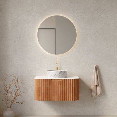 Meuble-lavabo de salle de bain mural 30 po à bords arrondis flottants avec tiroir et lavabo rond en céramique avec motif de pierre, pré-assemblé