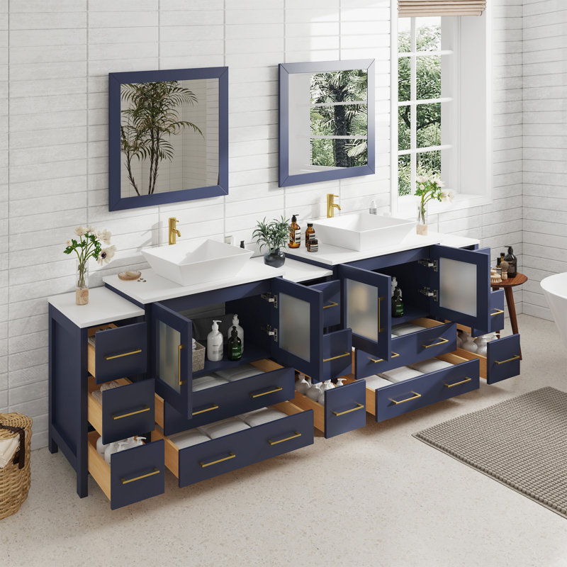  96" Double Bathroom Vanity Set with Mirror, Blue