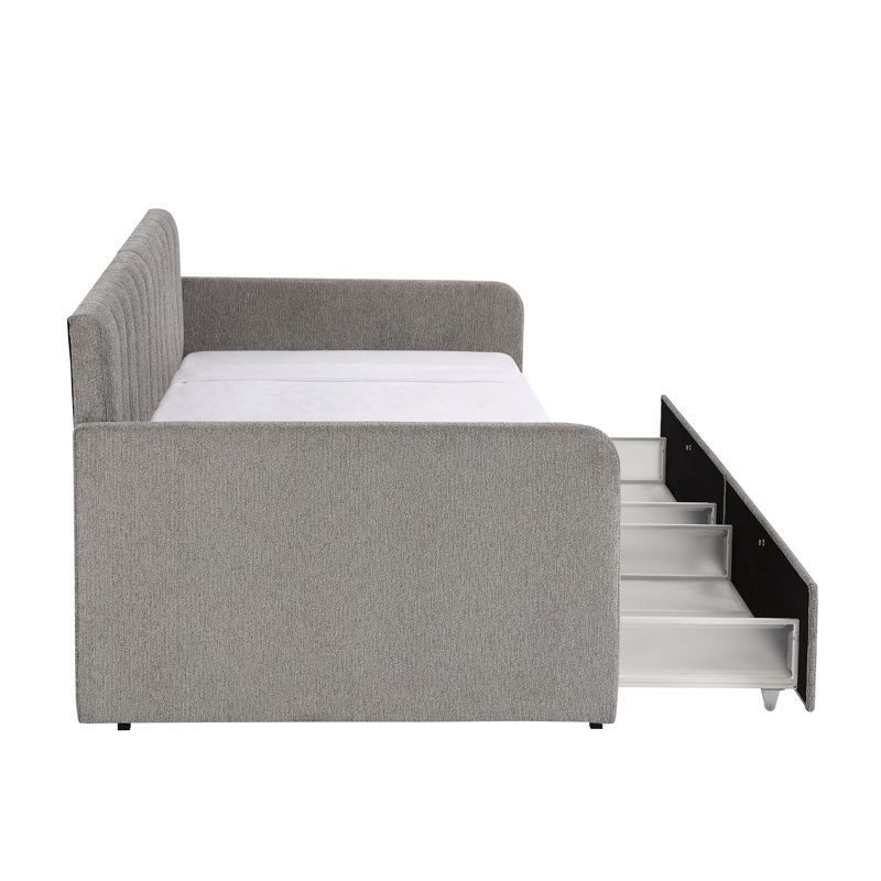 Lit de jour rembourré avec tiroirs de rangement Keyten, Gris chenille