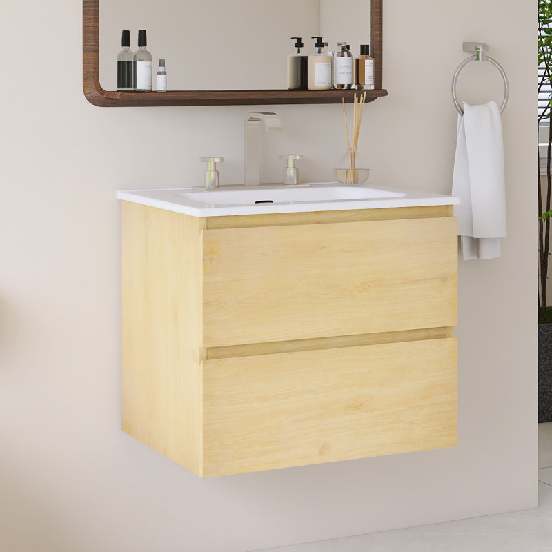 Wall Mounted Single Bathroom Vanity With White Ceramic Integrated Top, Oak, 24"