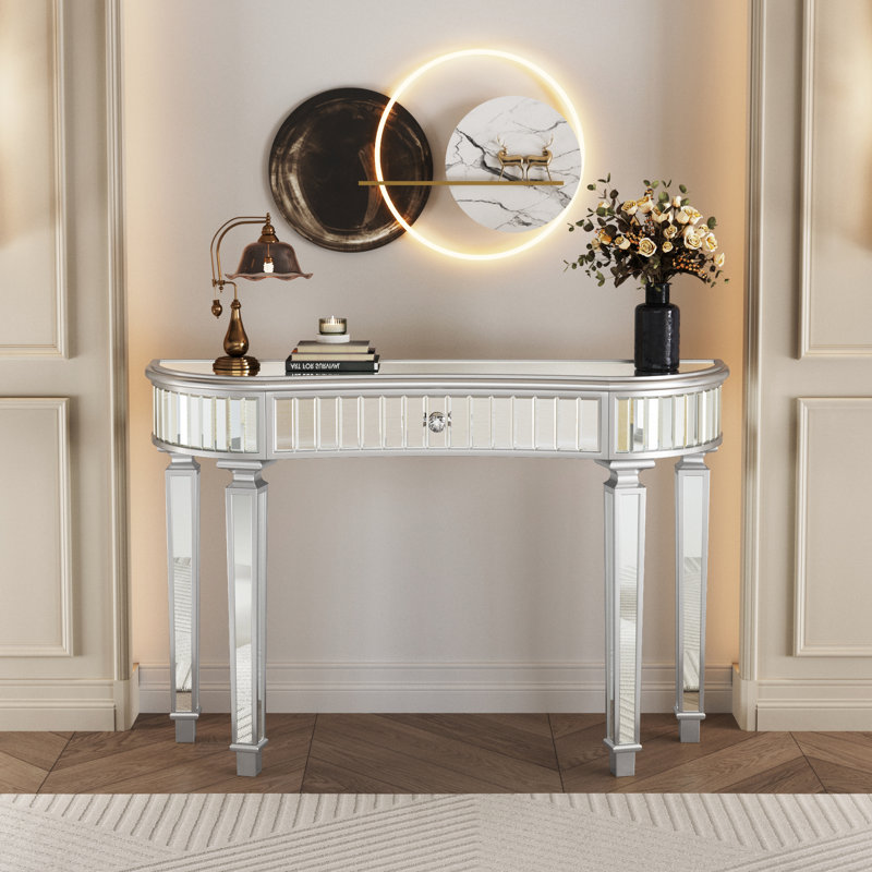 Console semi-circulaire de 47 pouces avec miroir pour chambre ou garde-robe, dotée d'un tiroir en verre cannelé et bouton en cristal, gris et argent, matériau en bois dur, table au design mince d'inspiration milieu du siècle.