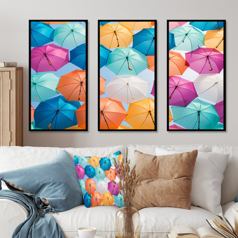 Multicolore parapluies photo moderne - ensemble d'art sur toile ciel, H 28 po x l 36 po x P 1 po, Cadre flottant noir