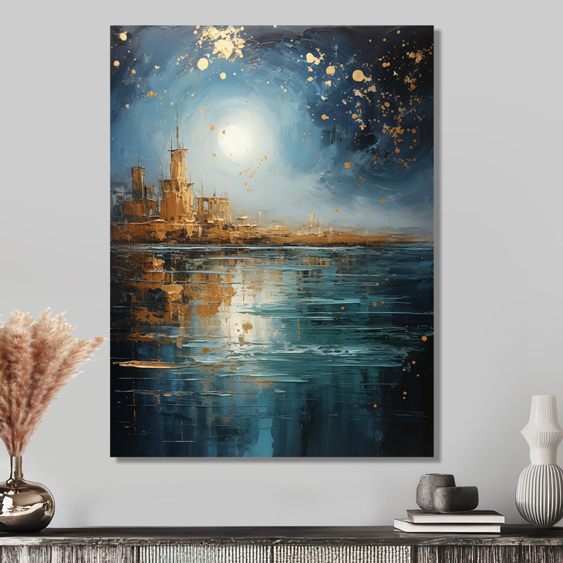 Eastern Golden City, pleine lune, océan, salon d'art mural, Toile avec cadre flottant noir, H 32 po x l 16 po x P 1 po