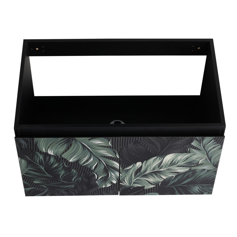 Meuble-lavabo flottant 30 po avec lavabo en céramique. Porte à fermeture en douceur et poignées dissimulées. Moderne. Contreplaqué. Noir Rangement pratique
