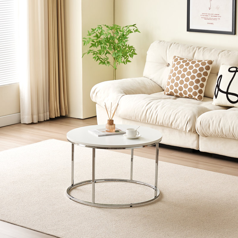 Circular Coffee Table With Silver Metal Frame and Wood White Table Top