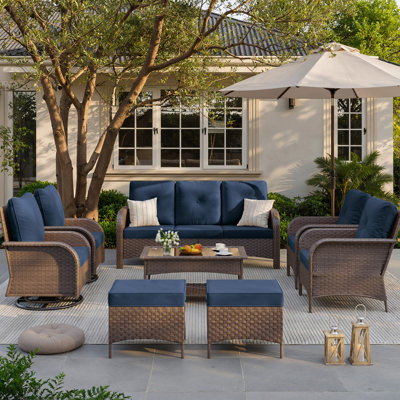 Ensemble de conversation de patio 8 pièces avec chaises berçantes pivotantes, ensemble de meubles d'extérieur en osier et structure en acier toutes saisons avec table basse de rangement, repose-pieds pour la cour, le porche, le jardin