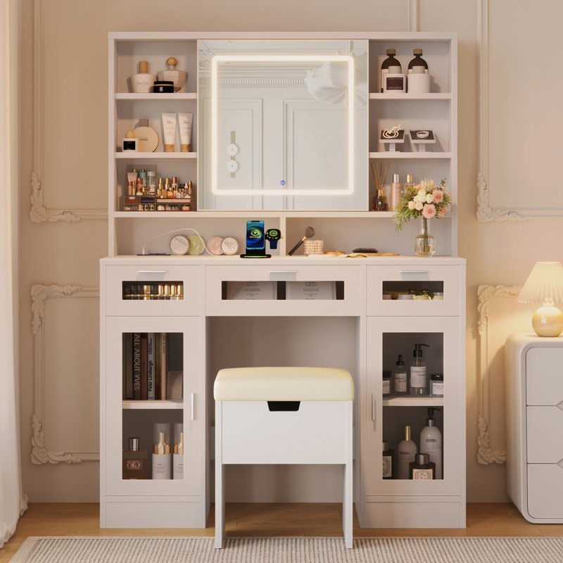 41.3" Makeup Vanity with Sliding Mirror, LED Lighting & Stool
