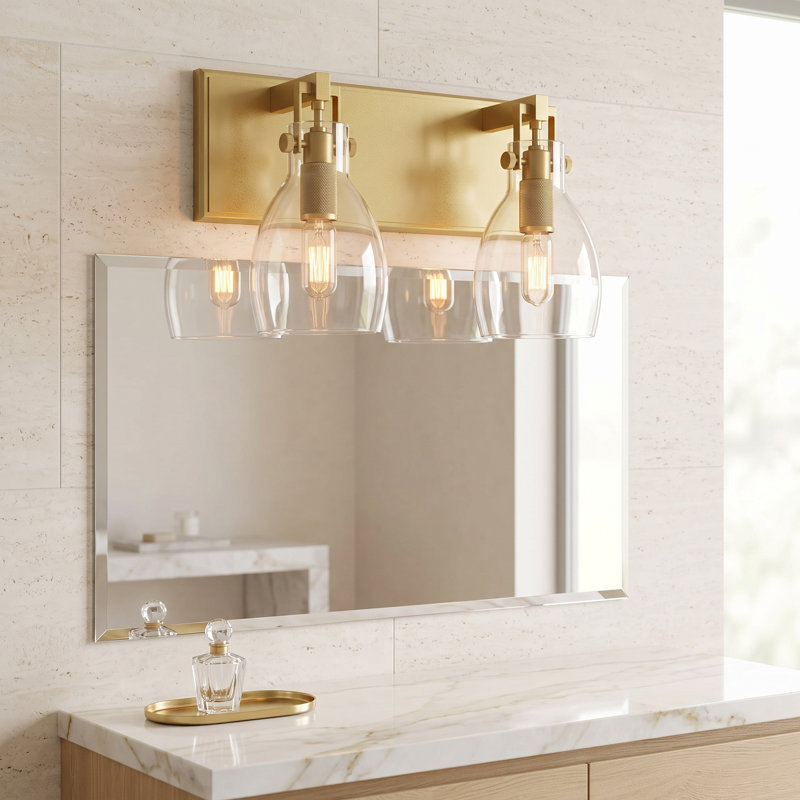 Applique murale Solara à 2 lumières en laiton chaud avec abat-jour en verre transparent, Gold