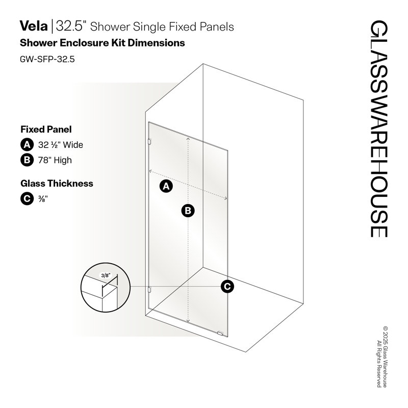 Vela 32.5 in. x 78 in. Fully Frameless Single Fixed Shower Panel, Brushed Bronze