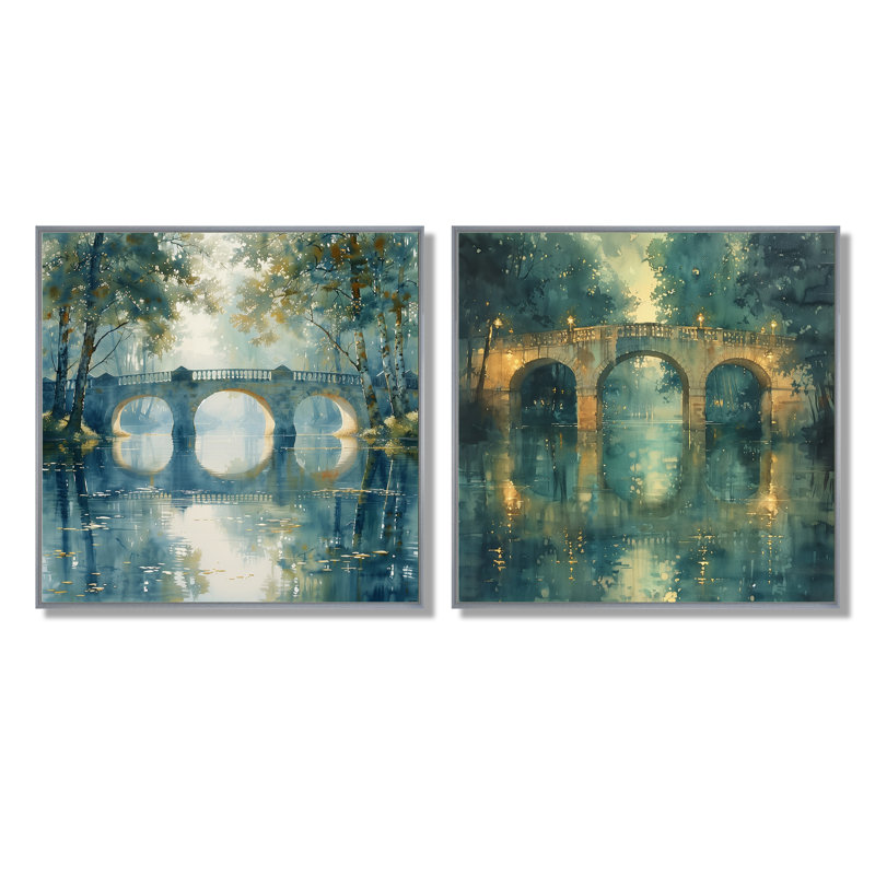 «Beige Green River Reflections Park Bridge I», art mural - art mural traditionnel, 2 pièces, Argent argent, H 30 po x l 61 po