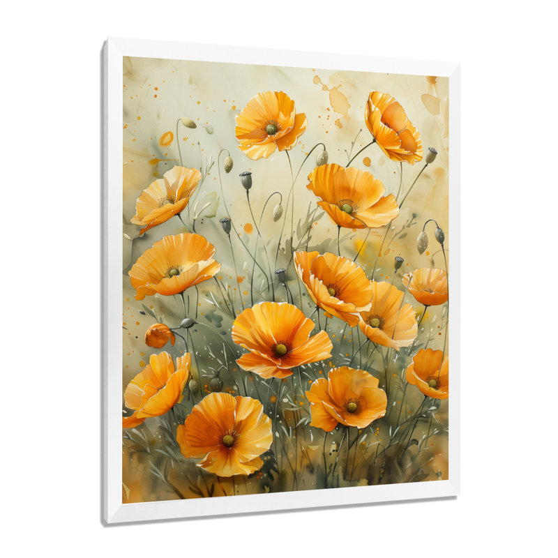 «Yellow Poppies Whispers Of Joy I» - Art mural coquelicots, Cadre photo blanc, H 40 po x l 30 po x P 1,5 po