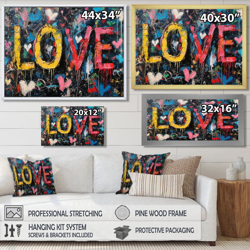 Love Pop Art Graffiti Artwork - Pop Art Wall Art Living Room, H 16 po x l 32 po x P 1 po, Toile tendue