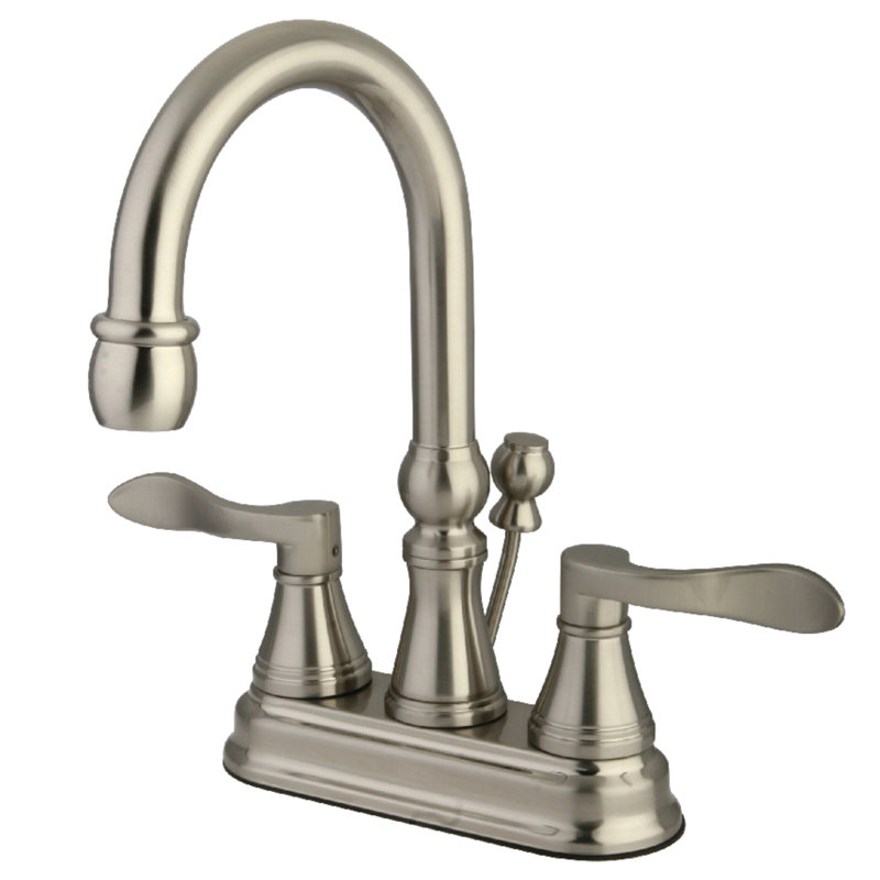 Kingston Brass NuFrench Two-Handle 3-Hole Deck Mount 4" Centerset Bathroom Faucet with Brass Pop-Up, Brushed Nickel
