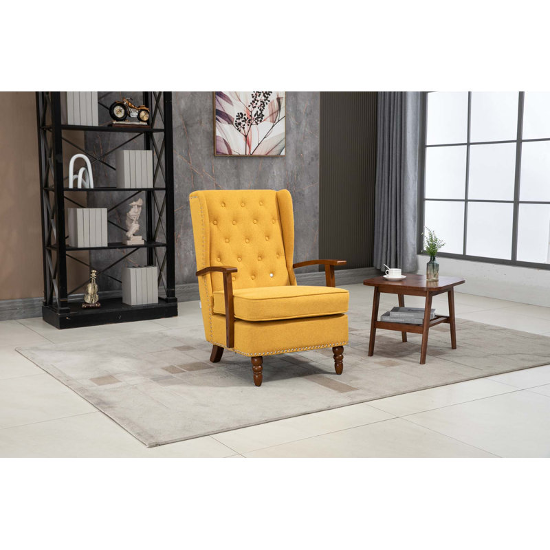 Fauteuil à cadre en bois, fauteuil d'appoint moderne pour le salon, Lin jaune