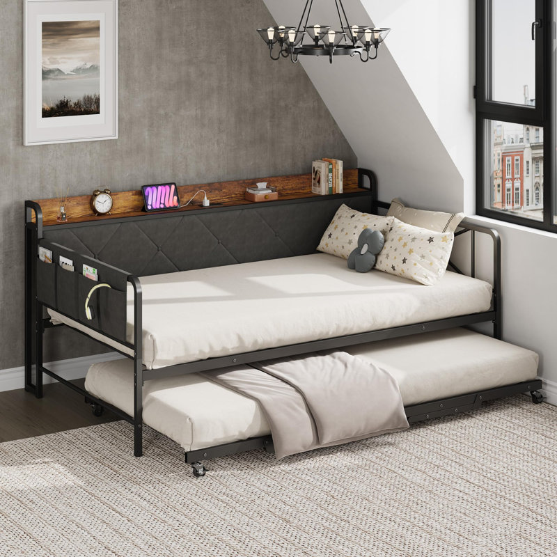 Lit de jour simple avec couchette et lumière DEL, tête de lit tapissier avec station de charge, canapé-lit pour salon, chambre à coucher, noir