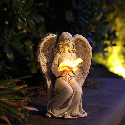 Statue de jardin d'ange de 7,9 pouces avec lumière de livre solaire, statue solaire, statue d'ange, résine pour décor de patio, pelouse et espaces extérieurs