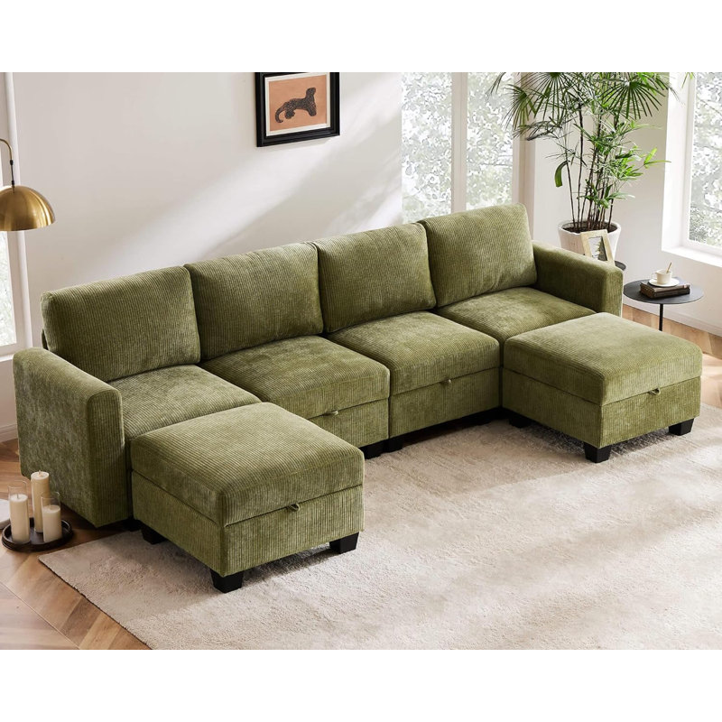 Canapé modulaire rembourré 6 pièces Ilyes, Chenille verte