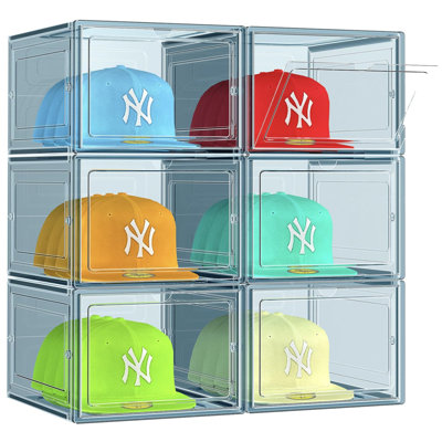 6 Pack Hat Organizer Box, Stackable Clear Baseball Caps Holder Box Containers With Magnetic Door For Hats Snapback Cap Storag, Hat Rack Display Case, Holds 8 Hats Each (Blue)