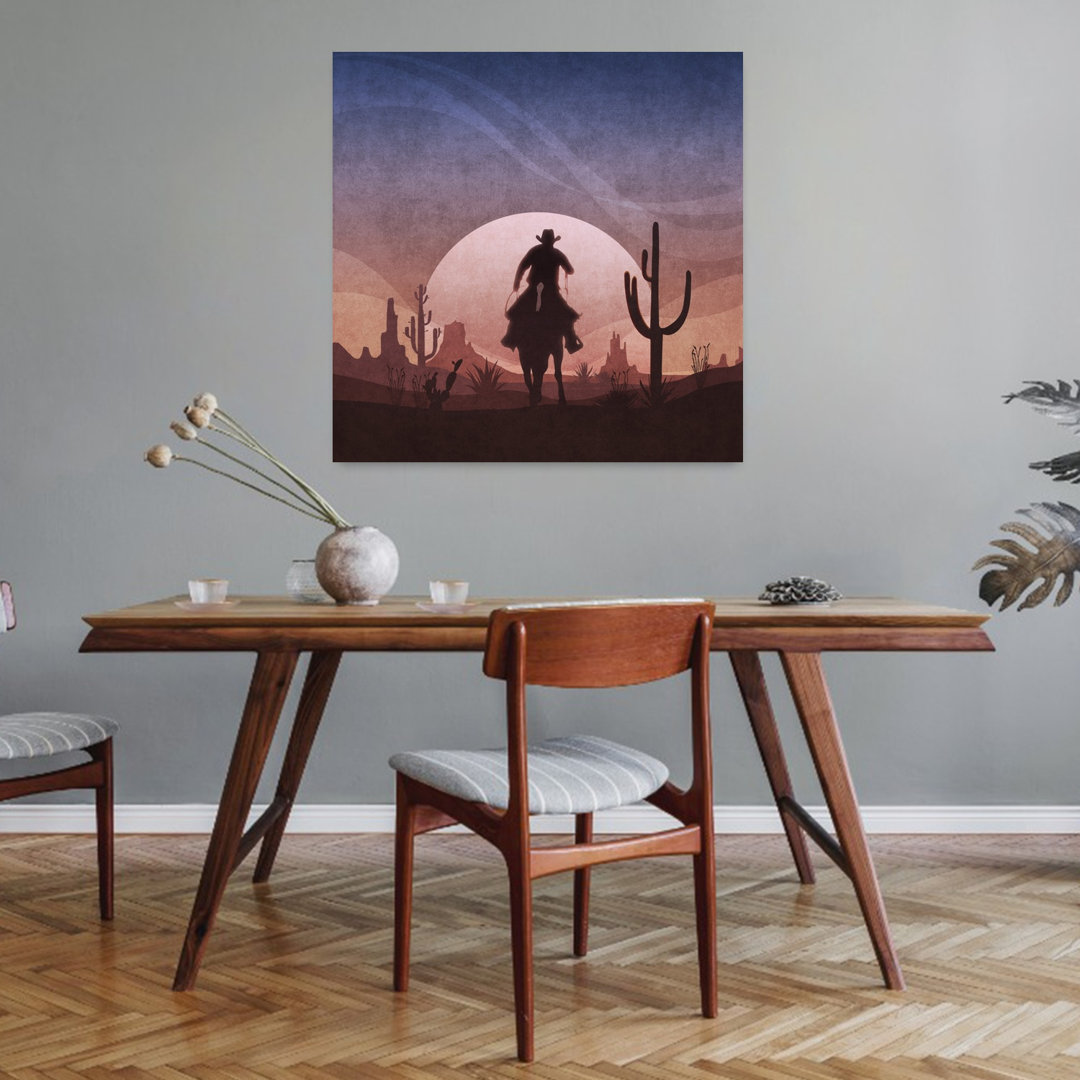 Desert Cowboy Sunset Retro Vintage Abstract Cactus Landscape Sunset Wall Art Print