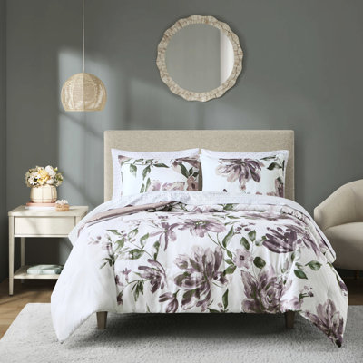Modern Comforter With Mauve Floral And Fitted Sheet Taupe Sham