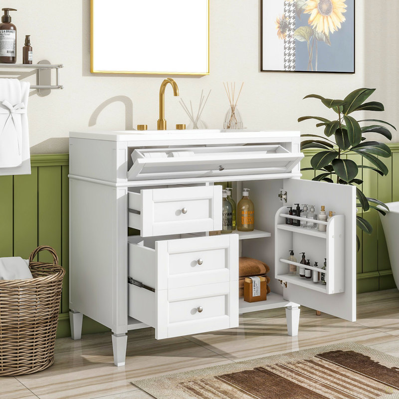 Meuble-lavabo de 36 po avec lavabo supérieur, meuble-lavabo moderne avec 2 tiroirs et tiroir escamotable, meuble-lavabo simple