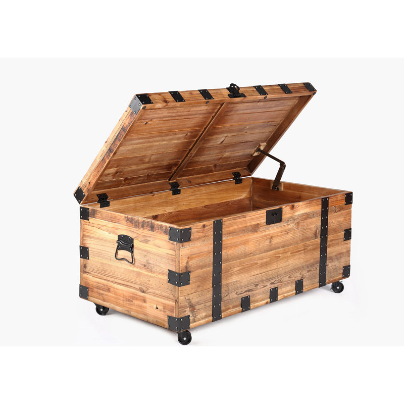 Trunk Table With Four Wheel Large Capacity Storage Coffee Table, Naturalreclaimed Wood /Black Metal, Natural