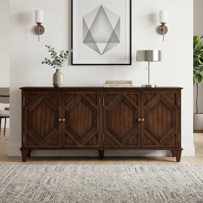 65.2" Wooden Mid Century Modern Look Sideboard Buffet Cabinet, Media Console Credenza ,Symmetrical Geometric Accent Display Cabinets, with  Large Compartments,Adjustable shelf,Solid Wood Legs,for Living Room/Entryway/Dining Room/Kitchen,Easy to Assembly