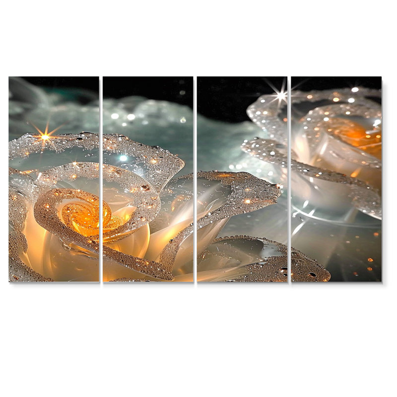 «Sparking Translucent Roses Golden Glam Core - Rose», ensemble de 4 décorations murales, H 32 po x l 64 po