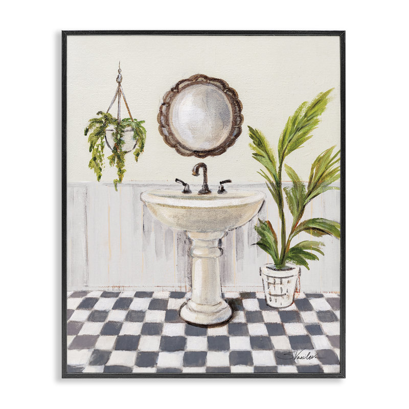 «Crisp Bathroom with Plants», art de la giclée encadrée par Silvia Vassileva, H 14 po x l 11 po, Giclée encadrée noir minuit