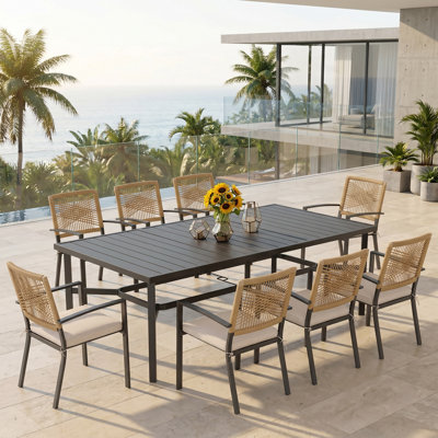 Bilal Rectangular 8- Person Outdoor Patio Dining Set With Rattan Chairs
