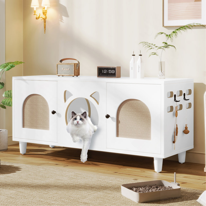 Armoire pour chat moderne en bois avec griffoir en sisal, litière pour chat avec rangement, table d'appoint blanc crème