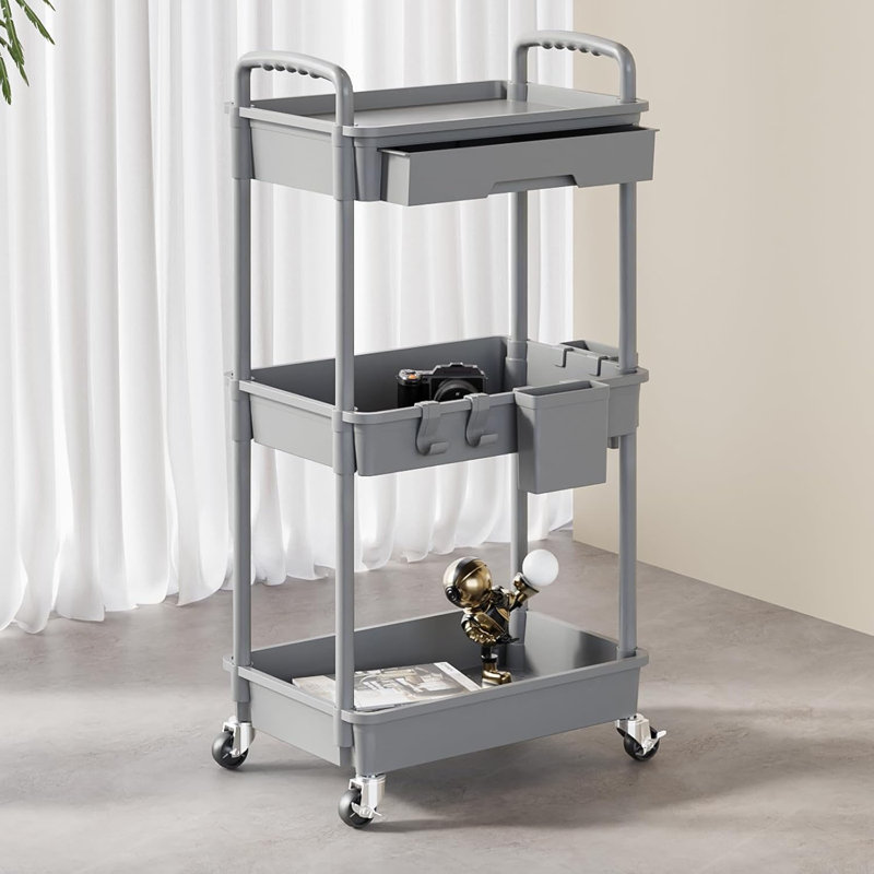 Carts With Wheels Handles Hanging Cups Hooks For Office,, Grey