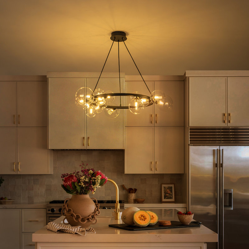 Lustre 15 lumières à globe moderne, îlot de cuisine rond 33 po avec abat-jour en verre transparent décalé, structure en métal noir mat, hauteur réglable de 23,6 po à 90,6 po, homologué UL pour la salle à manger