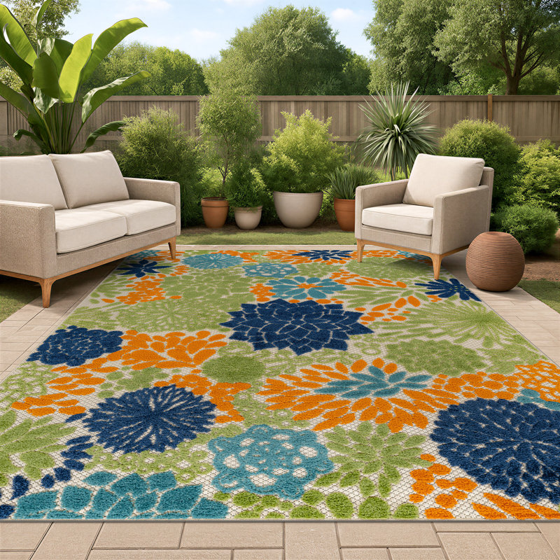 Floral Beige/Navy/Teal/Green/Orange Indoor/Outdoor High-Low Area Rug, Multi/Beige, Rectangle 7'10" x 10'