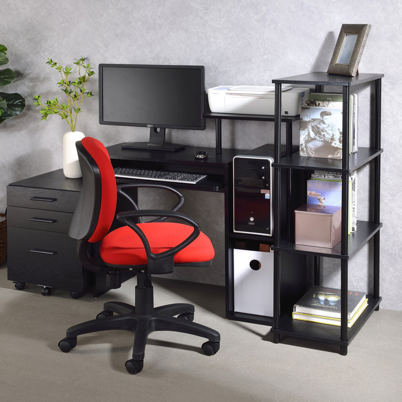 Bureau noir avec plateau pour clavier et espace de rangement pour ordinateur avec de nombreuses possibilités de rangement