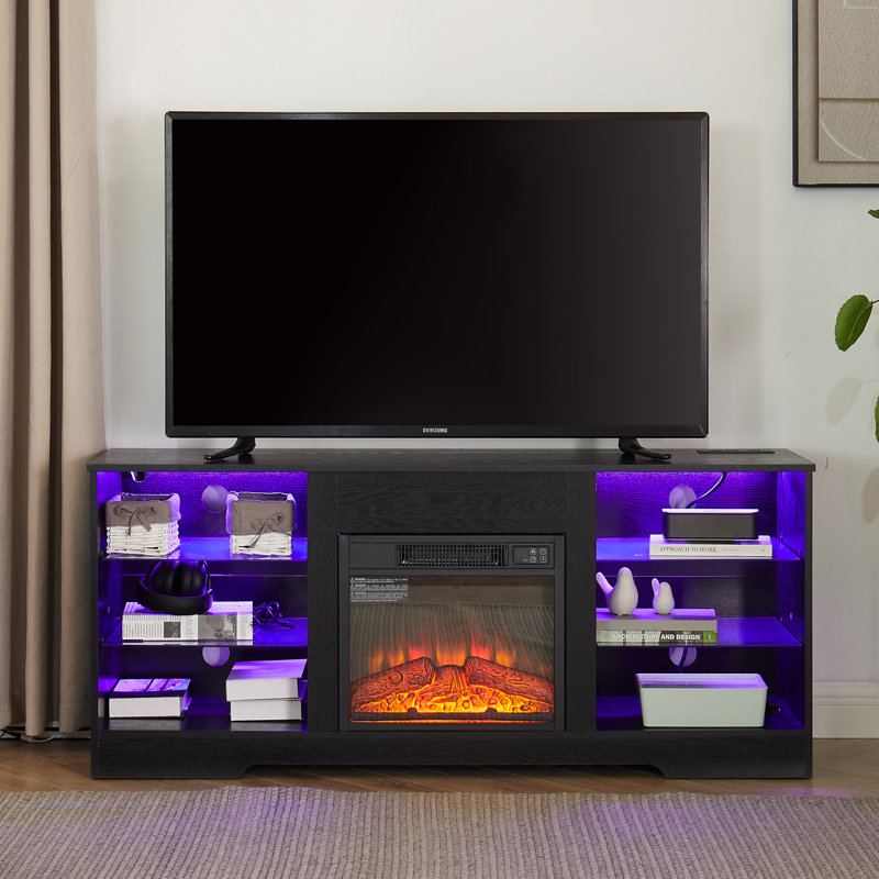 58" TV Stand with Electric Fireplace Black Entertainment Center with Power Outlets & Glass Shelves for Living Room, Black