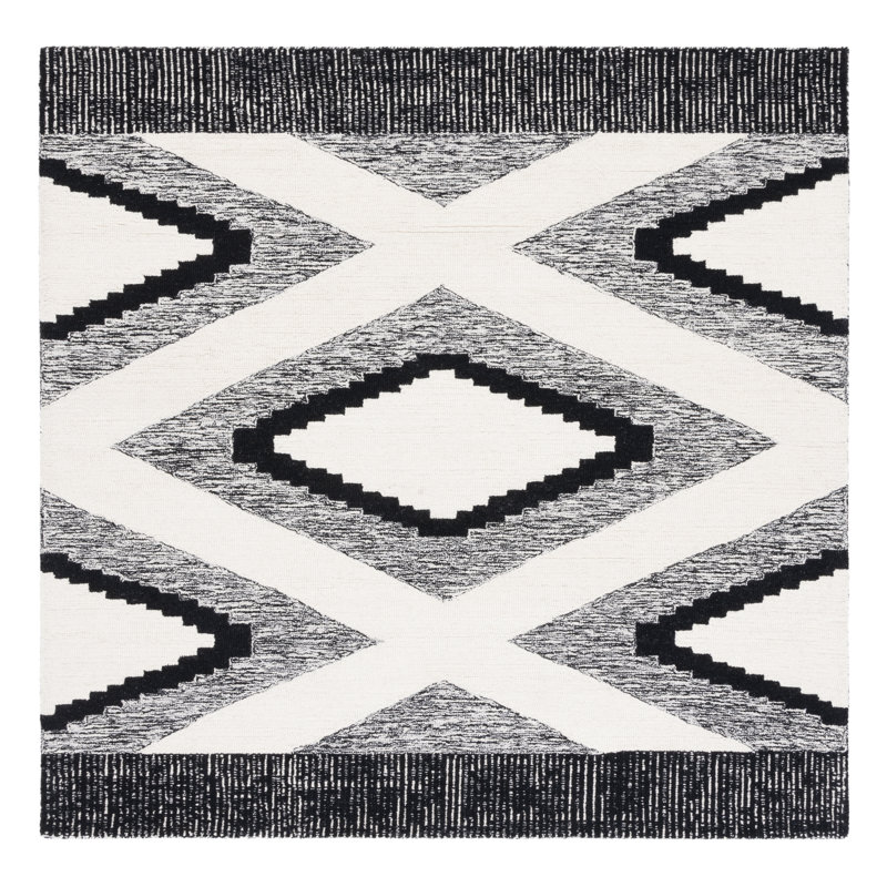 Handmade Black and White Wool Tufted Square Rug