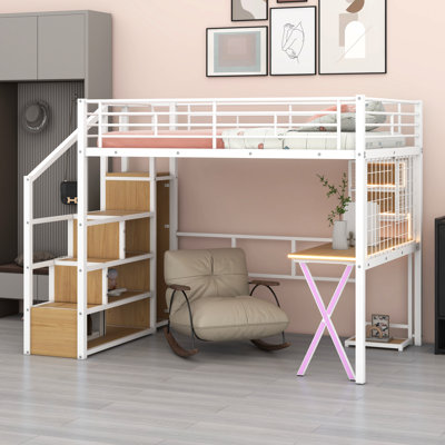 Lit mezzanine double avec bureau et bibliothèques, structure de lit mezzanine en métal avec garde-robe, escalier de rangement et éclairage à DEL, poste de travail intégré, aucun sommier nécessaire, peu encombrant pour la chambre à coucher