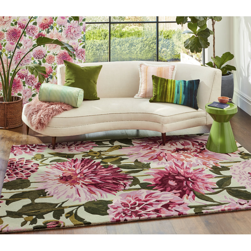 Dahlia Hand Tufted Wool Floral Area Rug in Pink/Green, Rectangle 4'7" x 6'7"