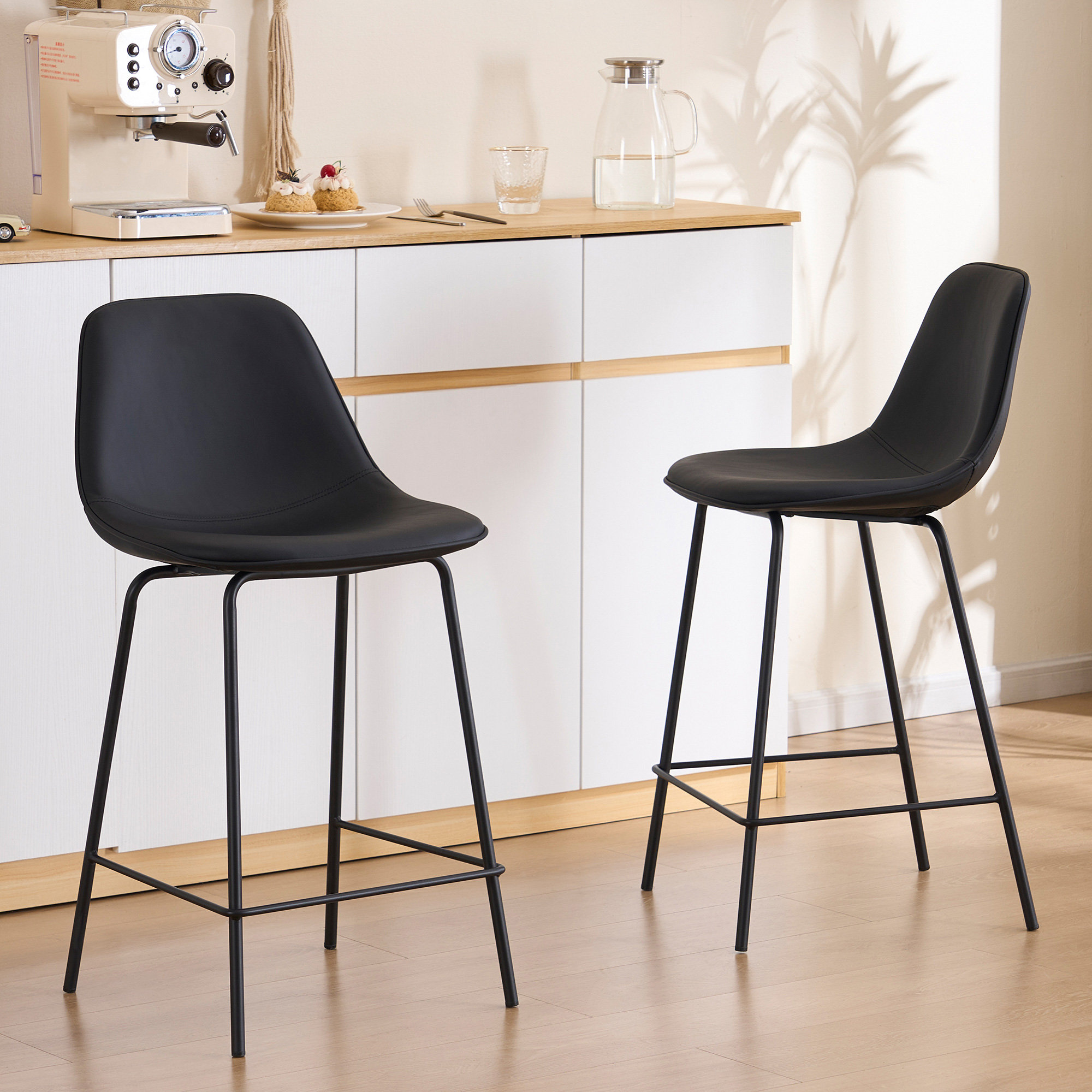 Kavi Upholstered Barstools, Counter Stool (24" Seat Height), Black Faux Leather