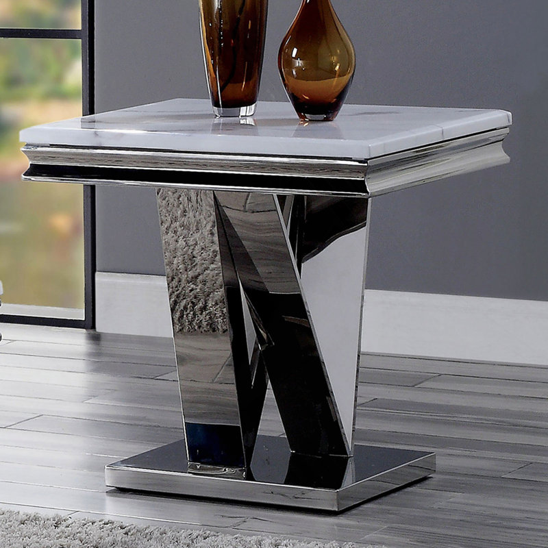 Table de bout moderne 1Pc avec motif, faux marbre 18 mm sur le dessus, piédestal en acier inoxydable de style V et base rectangulaire en forme de biseau