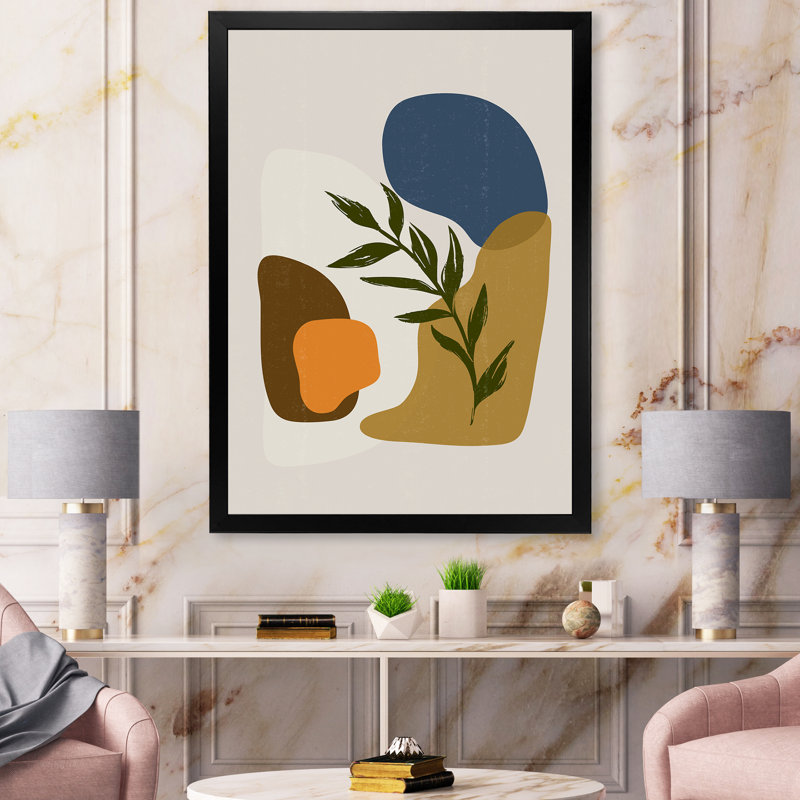 Botanical Minimalist Shapes with Green Leaf - Impression sur toile, Toile avec cadre noir, H 32 po x l 24 po x 1,5 po