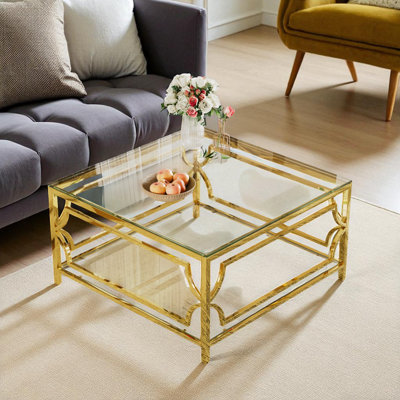 Table basse carrée en verre de 33,5 po, structure géométrique luxueuse en métal, finition dorée et tablette inférieure