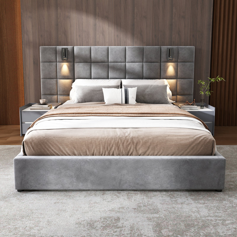 Velvet Queen Upholstered Bed with Built-in Reading Lamp & USB Port, Wide Headboard, Grey
