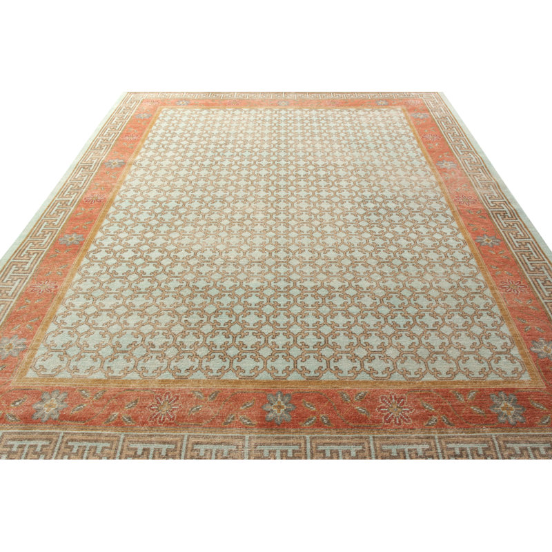 Distressed Homage Hand Knotted Wool Geometric Area Rug in Blue, Red, Beige, Orange, Rectangle 6' x 9'