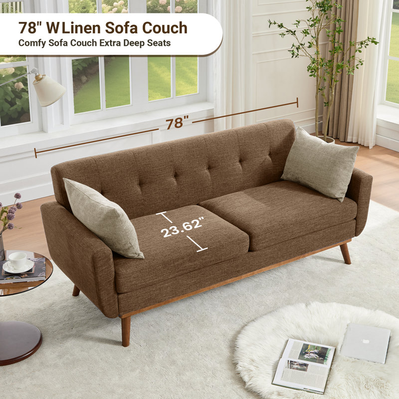Cattaleya 78" Mid Century Modern Linen Upholstered Square Arms Sofa, Brown