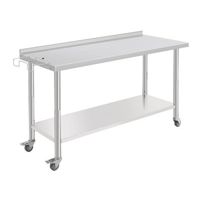 Stainless Steel Kitchen Prep Table with Caster Wheels, Commercial Heavy Duty Workbench with Hooks, Metal Table with Adjustable Height Shelf for Garage, Outdoor