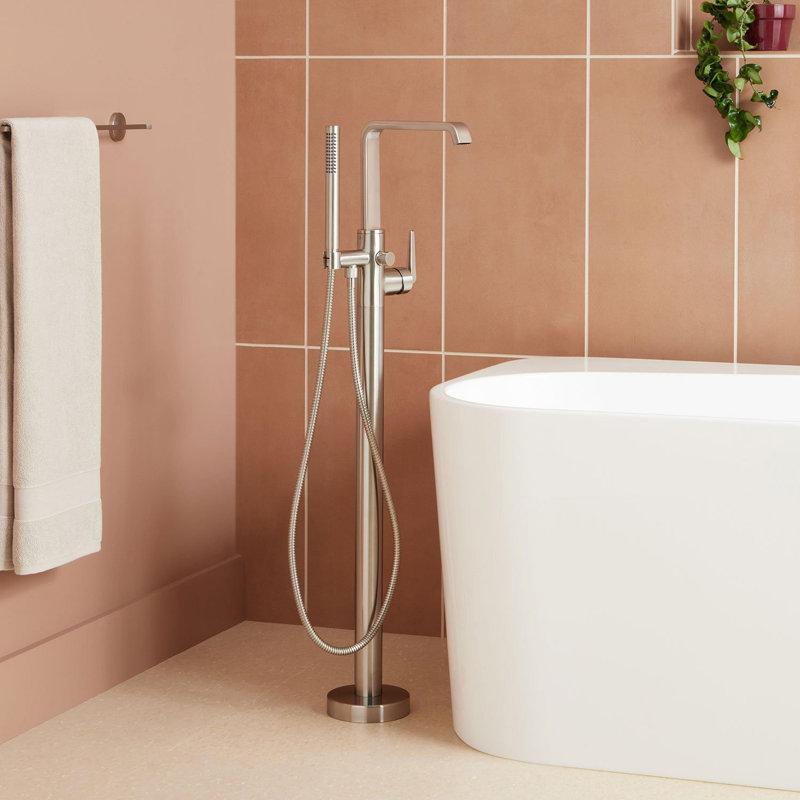 Drea Floor Mounted Tub Filler with Built-In Diverter, Brushed Nickel