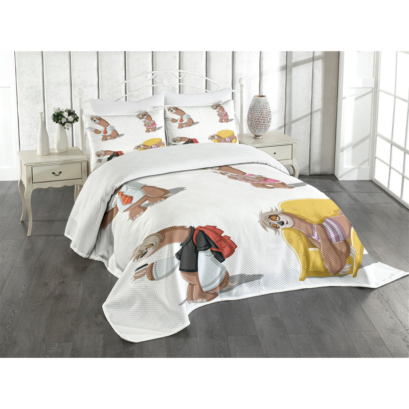 White Quilted Sloth Cartoon Queen Bedspread Set